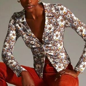 XL Anthropologie NWT Maeve Rouched 70s floral long sleeve top button down collar